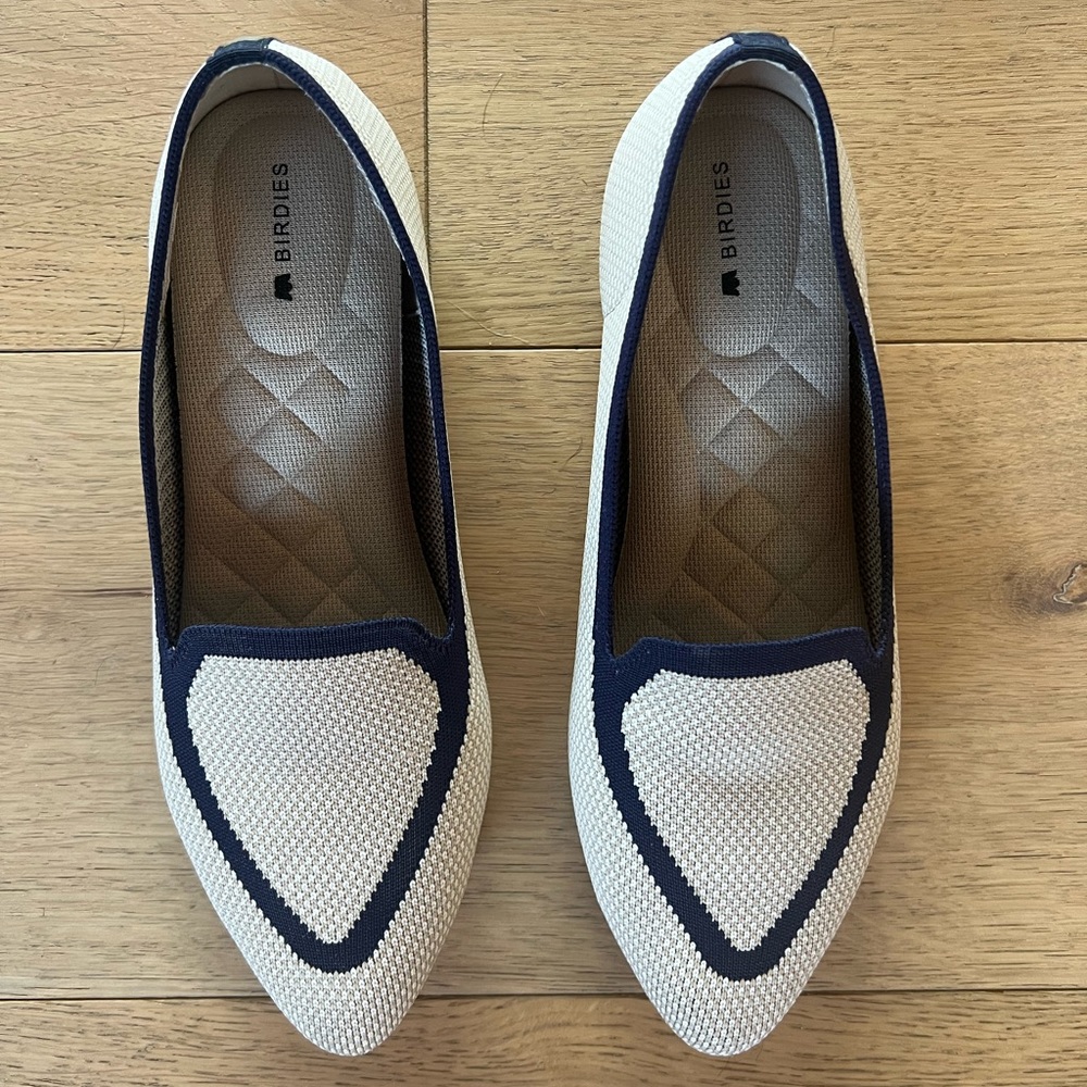 New Birdies Flats Cream Navy Pointed Toe